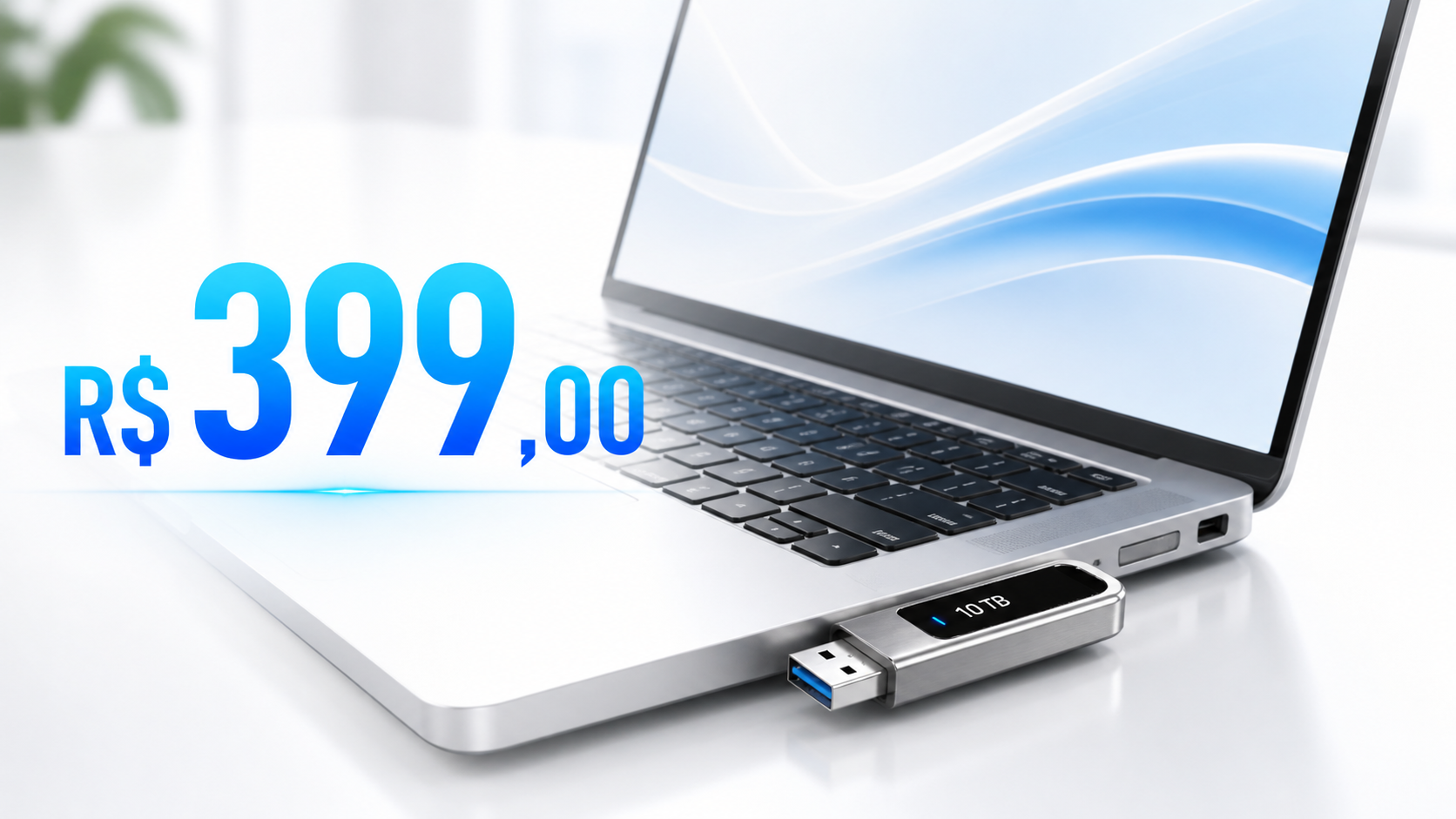 Pen-drive 10TB plugado em notebook moderno com preço R$ 399,00